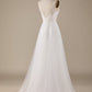Ivory A Line V-Neck Tulle Sweep Train Wedding Dress with Lace Open Back