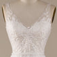Ivory A Line V-Neck Tulle Sweep Train Wedding Dress with Lace Open Back
