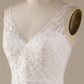 Ivory A Line V-Neck Tulle Sweep Train Wedding Dress with Lace Open Back
