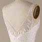 Ivory A Line V-Neck Tulle Sweep Train Wedding Dress with Lace Open Back