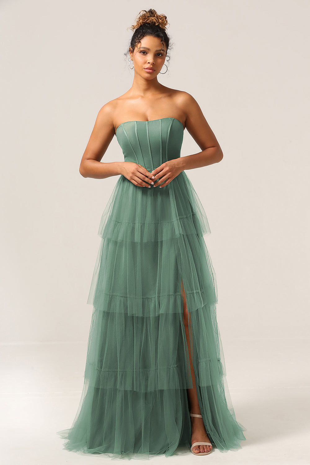 Eucalyptus A Line Spaghetti Straps Floor Length Tulle Bridesmaid Dress With Slit