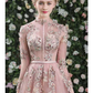 A-Line Cut Out Floral Prom Formal Evening Dress High Neck Long Sleeve Floor Length Organza