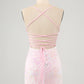 Pink Bodycon Spaghetti Straps Homecoming Dress with Criss Cross Back Sexy