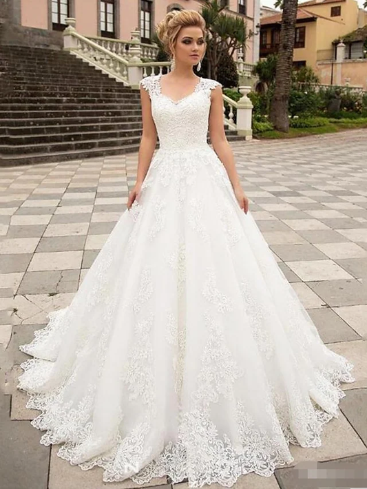 A-Line Wedding Dresses V Neck Lace Tulle Strapless Country Long