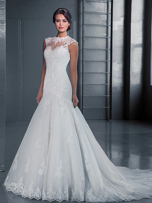 Long Wedding Dresses Jewel Neck Court Train Lace Tulle Sleeveless Formal with Appliques