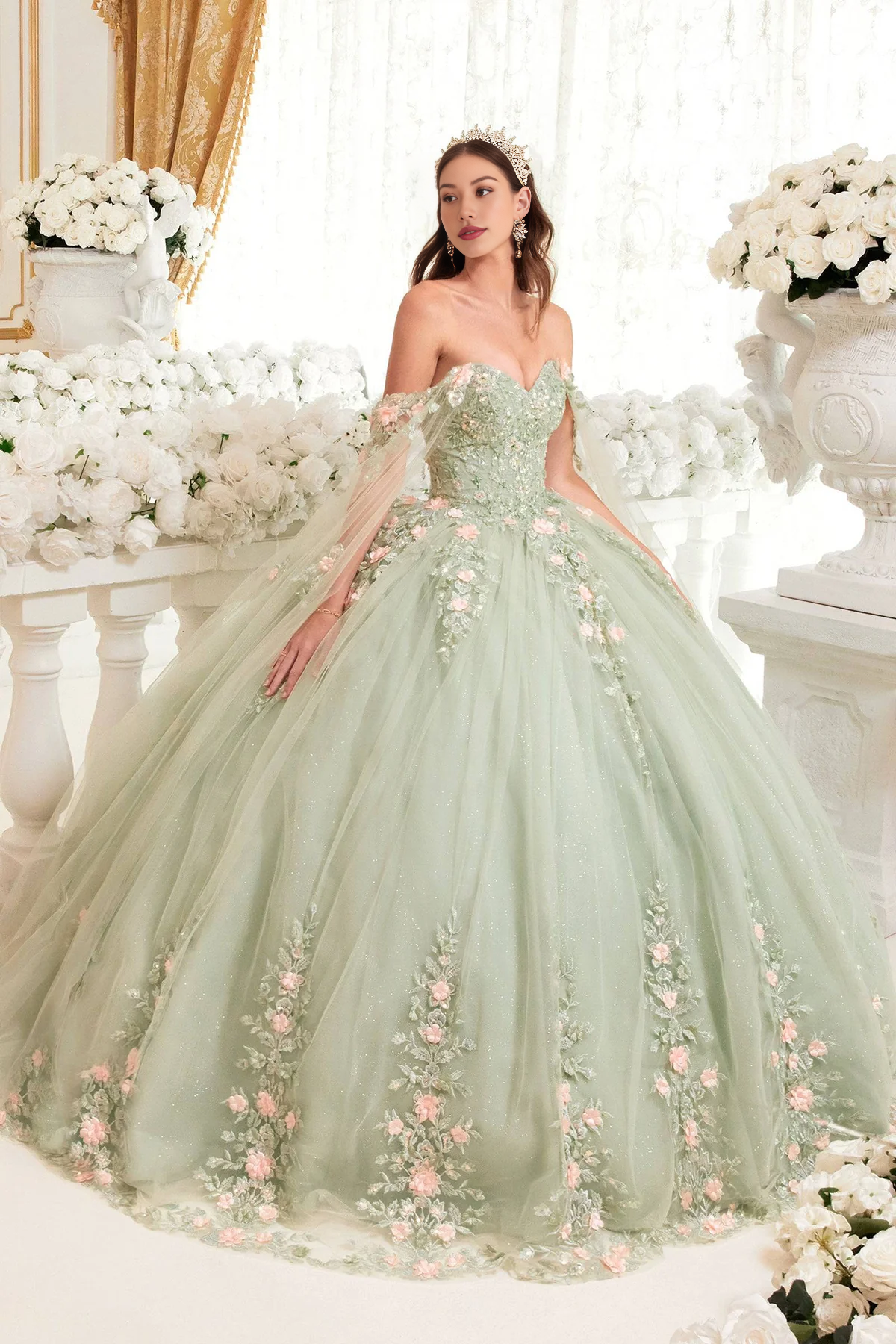 Sage & Floral Blush Ball Gown Quinceanera Dress Off Shoulder With Flowers