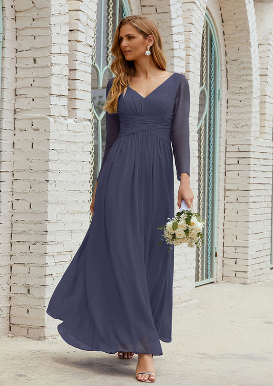 A-line V Neck FullLong Sleeve Ankle-Length Chiffon Mother of the Bride Dress With Pleated Pure Color