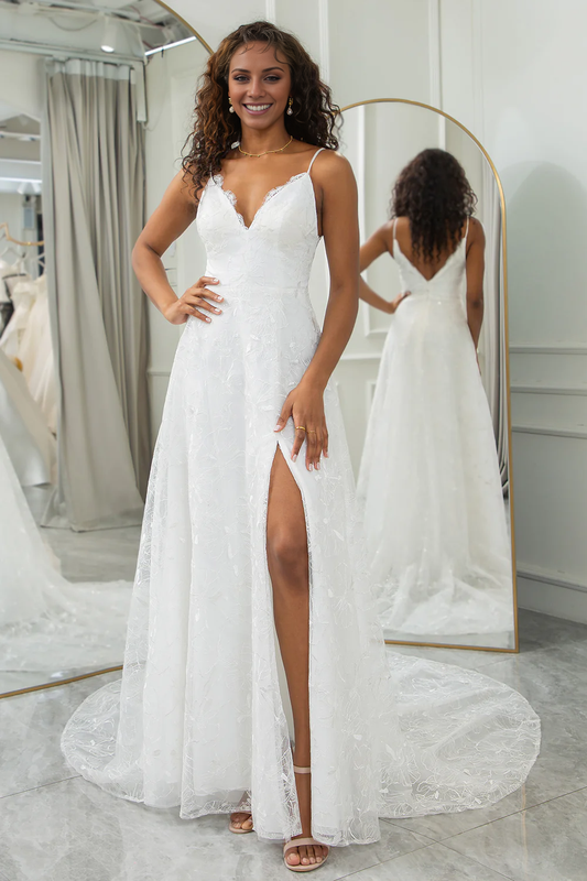 Ivory A-Line Sweep Train Lace Wedding Dress with Slit V-neck Sexy