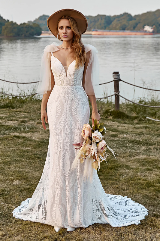 Ivory Mermaid Lace Sweep Train Boho Wedding Dress With Bowknots V-neck