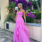 Hot Pink A Line Strapless Organza Prom Dress Off Shoulder Long