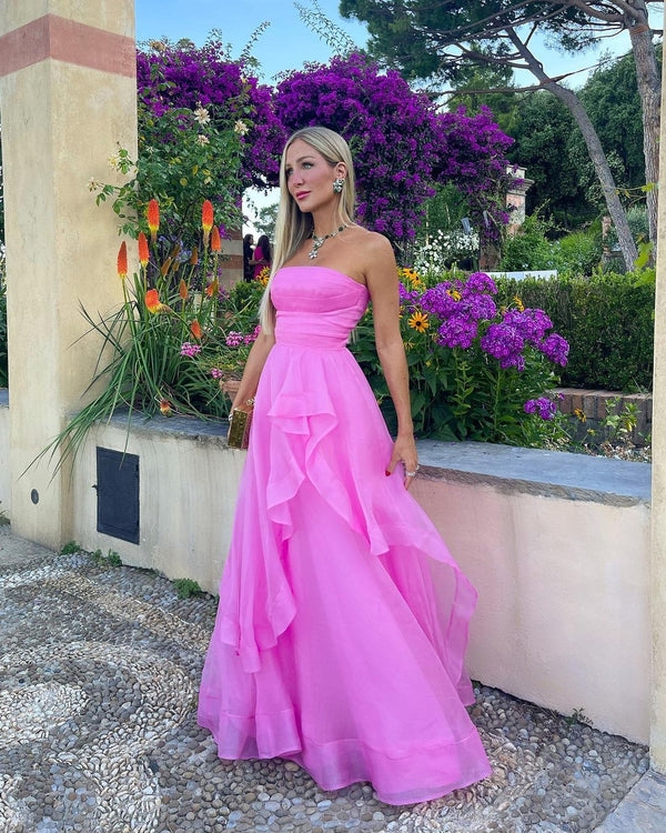 Hot Pink A Line Strapless Organza Prom Dress Off Shoulder Long