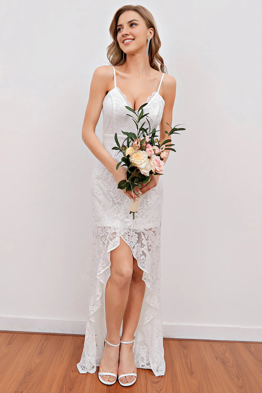 White Lace Beach Wedding Dress V-neck Sexy Long Beautiful