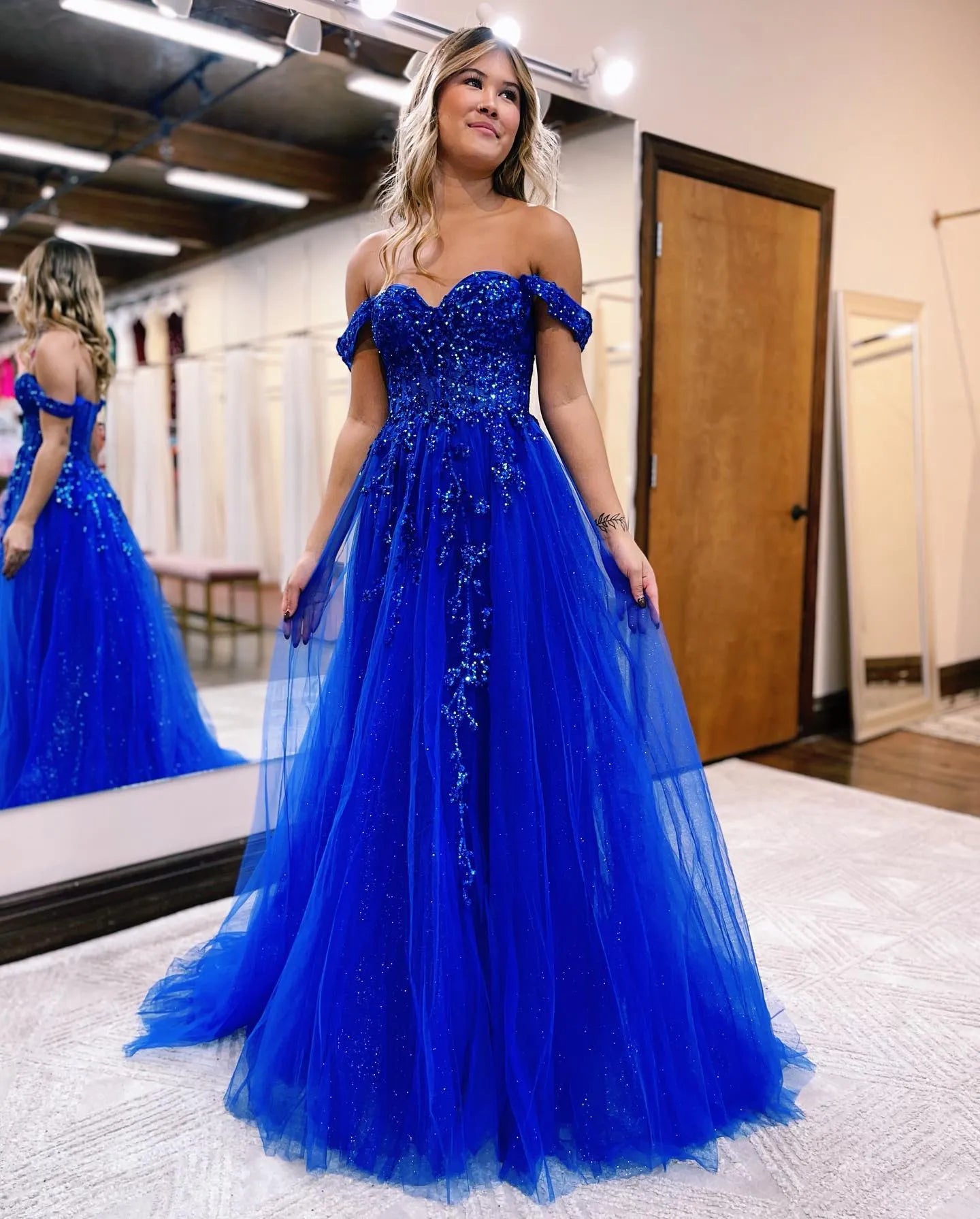 A line Off The Shoulder With Appliques Prom Dress Sexy Long