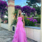 Hot Pink A Line Strapless Organza Prom Dress Off Shoulder Long