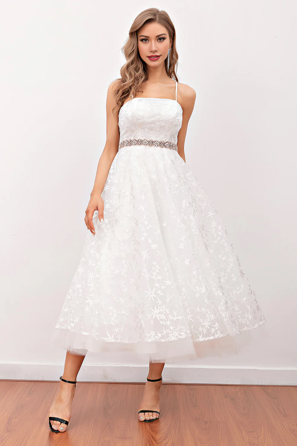 Off Shoulder Short White Lace Midi Prom Dress (Belt Not Included)