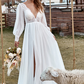 Ivory Lace Chiffon V-Neck Long Sleeve Boho Wedding Dress Sexy
