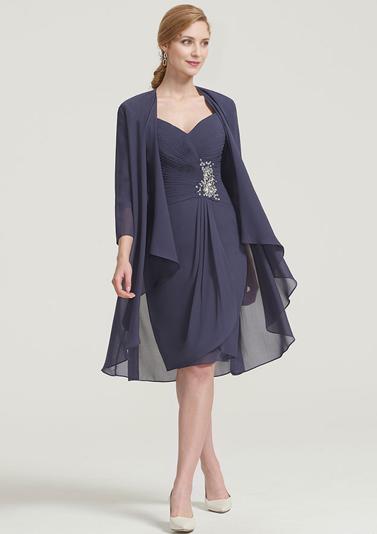 Scalloped Neck 34 Sleeve Knee-Length Chiffon Mother of the Bride Dress With Pleated Beading Appliqued