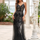 A-Line Wedding Dresses V Neck Plunging Neck Floor Length Lace Tulle Sleeveless Romantic Simple Sexy Black with Lace