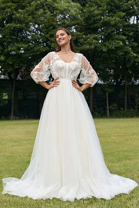 Ivory Puff Sleeves Corset Wedding Dress with 3D Flowers V-neck