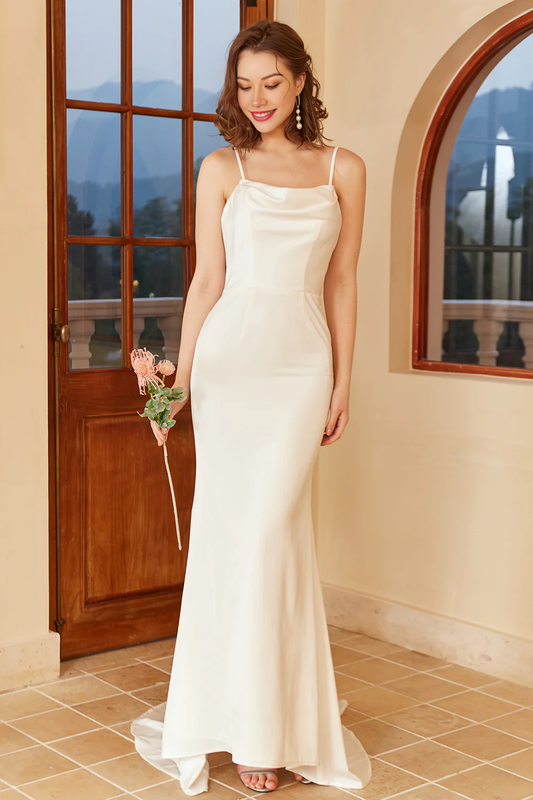 White Spaghetti Straps Simple Wedding Dress Pure Color Long