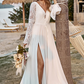 Ivory Lace Chiffon Trumpet Sleeve Boho Wedding Dress V-neck