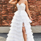 White A-Line Sparkly Sequin Ruffle Skirt Corset Tiered Prom Dress With Slit Long