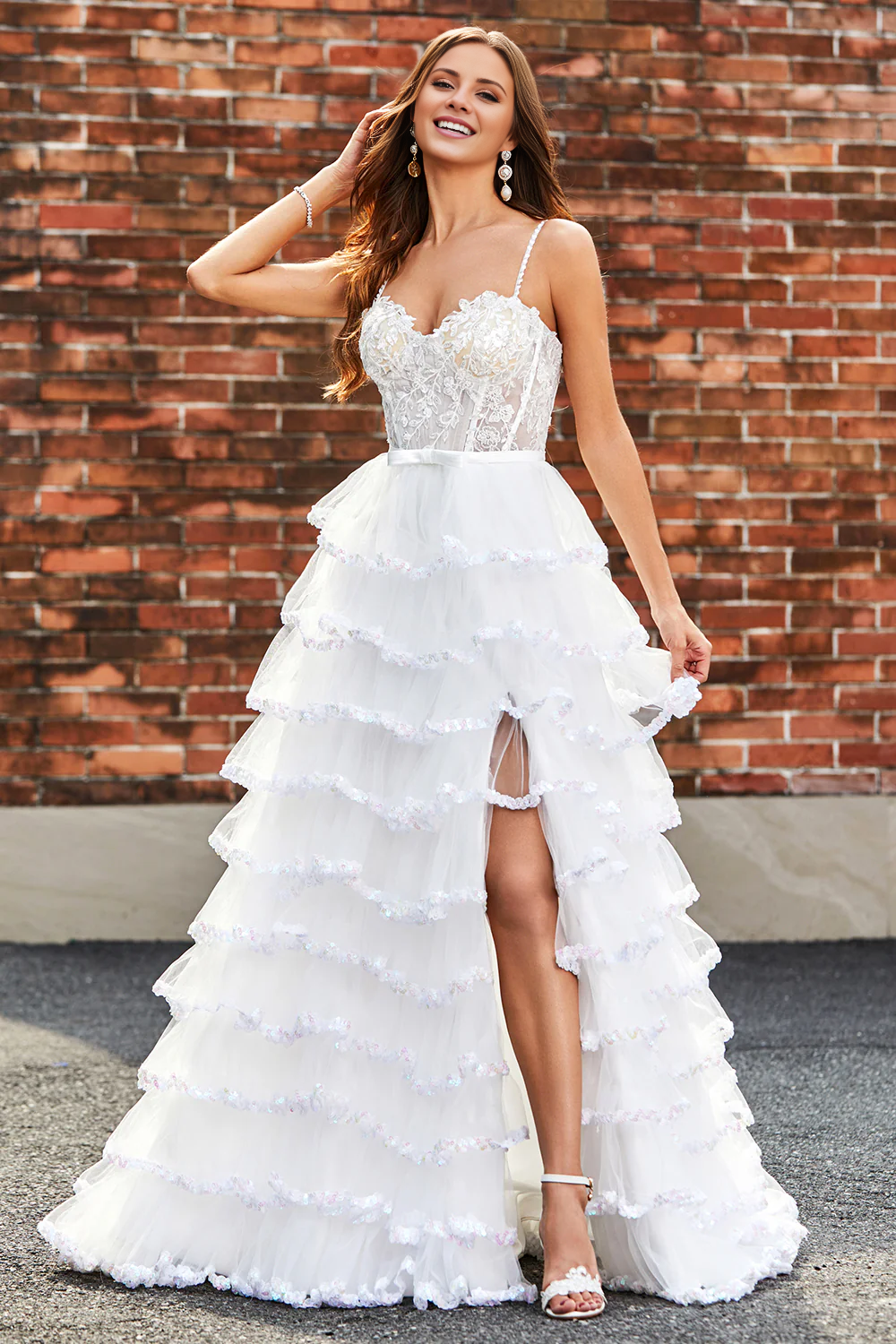 White A-Line Sparkly Sequin Ruffle Skirt Corset Tiered Prom Dress With Slit Long