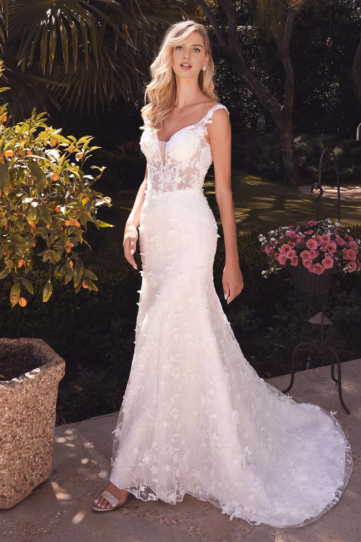 Stunning Wedding Gown with Deep Neckline and Floral Accents Off Shoulder