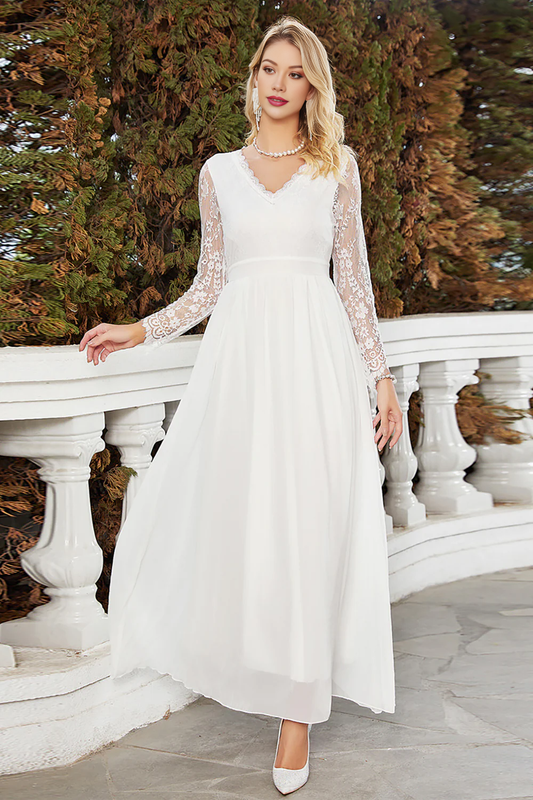 White A-Line V-Neck Chiffon Wedding Dress With Long Sleeves Beautiful