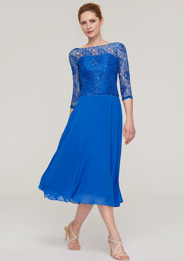 A-linePrincess Bateau 34 Sleeve Tea-Length Chiffon Mother of the Bride Dress With Beading Lace Pure Color