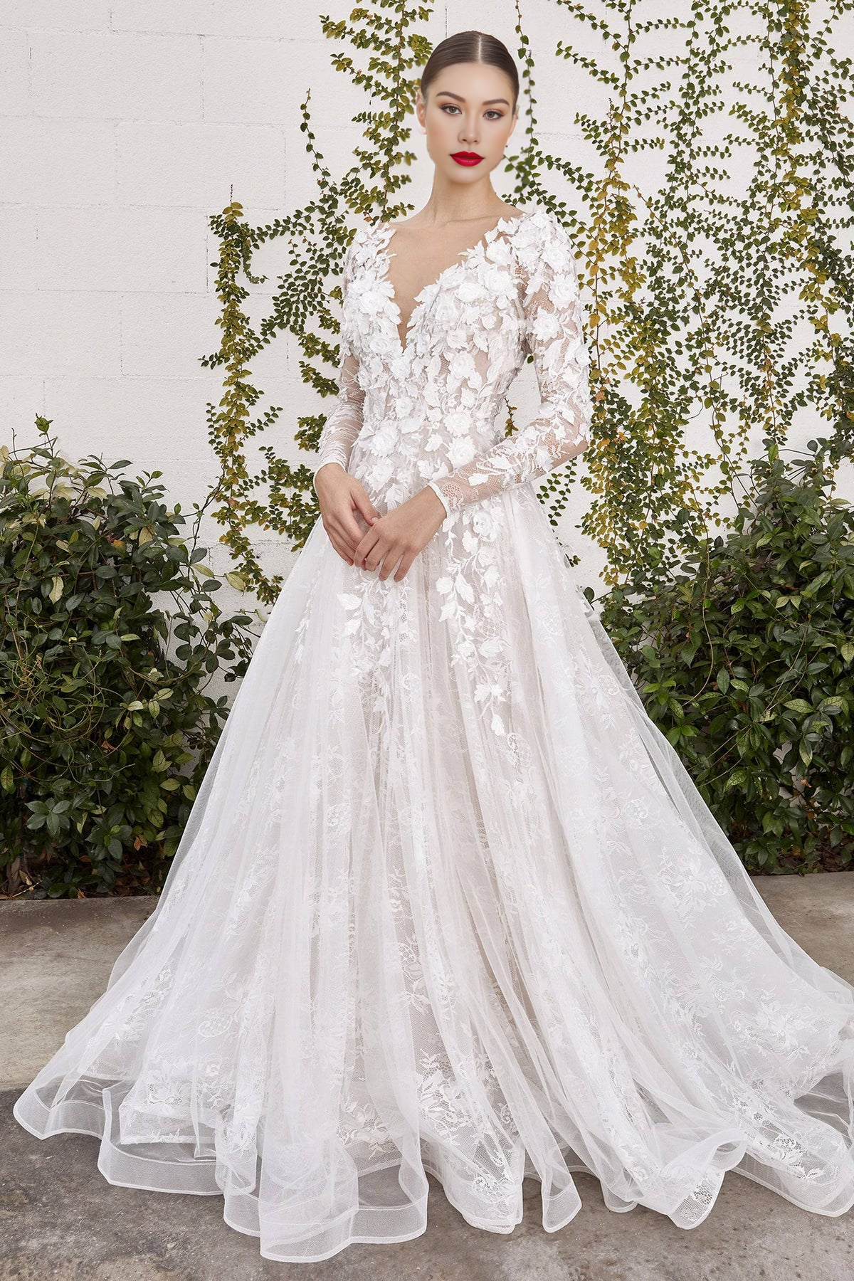 Long Sleeve Lace & Floral Wedding Dress with Flowing Train V-neck Sexy