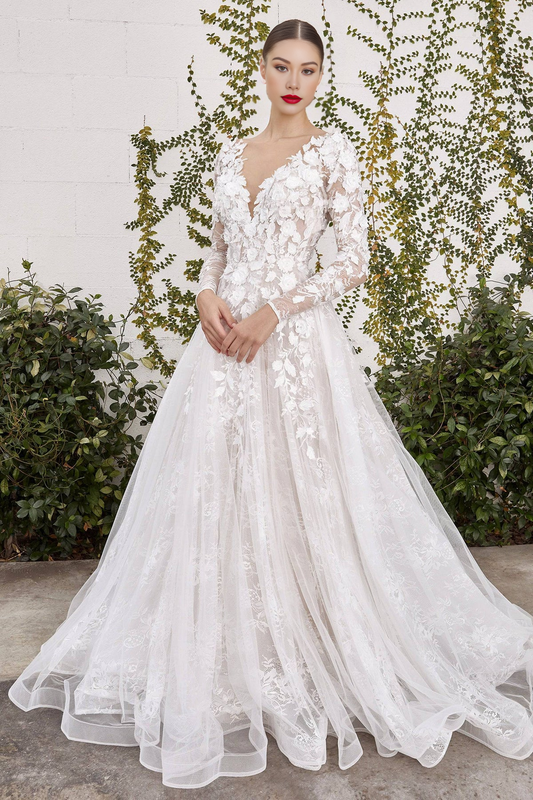Long Sleeve Lace & Floral Wedding Dress with Flowing Train V-neck Sexy