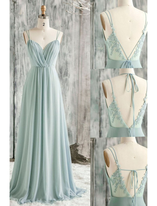 A-Line Bridesmaid Dress V Neck / Spaghetti Strap Sleeveless Sexy Floor Length Chiffon / Lace