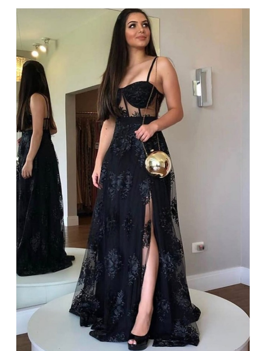 A-Line Prom Dresses Cut Out Dress Party Wear Floor Length Sleeveless Sweetheart Wednesday Addams Family Lace Backless with Slit