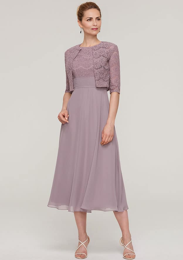 A-linePrincess Scoop Neck Sleeveless Tea-Length Chiffon Mother of the Bride Dress With Lace Jack Shortet