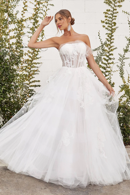 White Strapless Enchanting Corset Wedding Dress Tulle Long Dress Off Shoulder