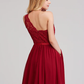 A-Line One Shoulder Long Length Chiffon Lace Bridesmaid Dress with Sash Ribbon Sexy