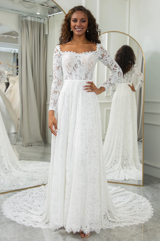 Ivory A-Line Lace Wedding Dress with Sleeves Beautiful Long