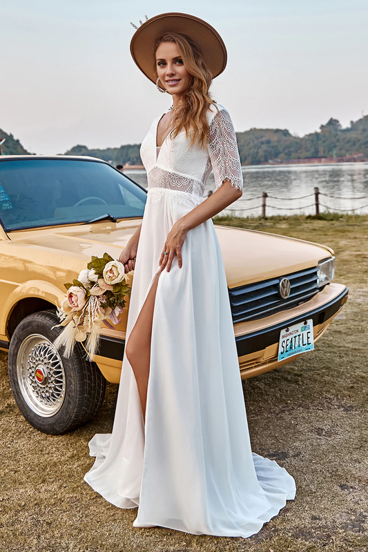 Ivory Lace Chiffon Half Sleeves Boho Wedding Dress With Slit V-neck