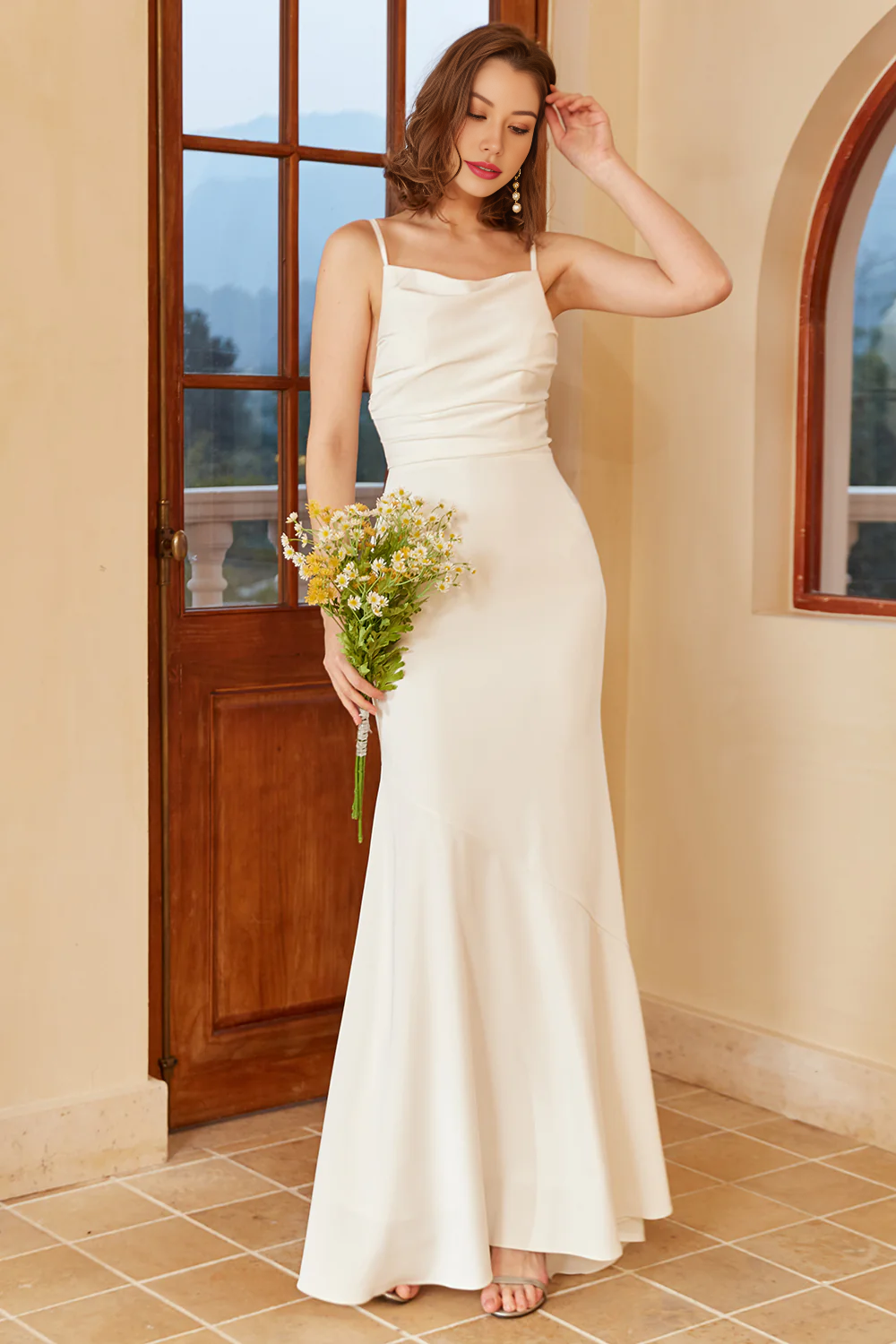 Simple Mermaid Boho Slip Dress Backless Long Wedding Dress Pure Color