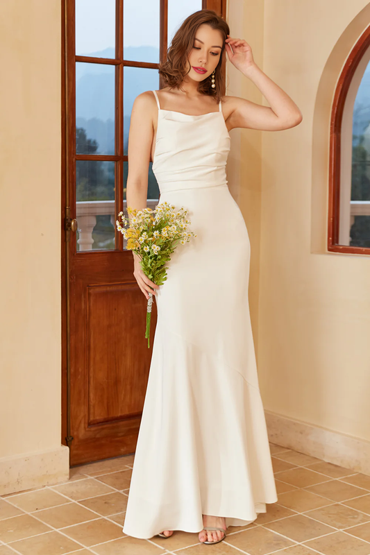 Simple Mermaid Boho Slip Dress Backless Long Wedding Dress Pure Color