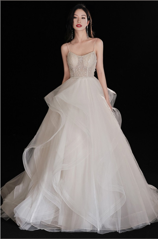 Gorgeous Ruffled Ballgown Wedding Dress with Spaghetti Straps Off Shoulder