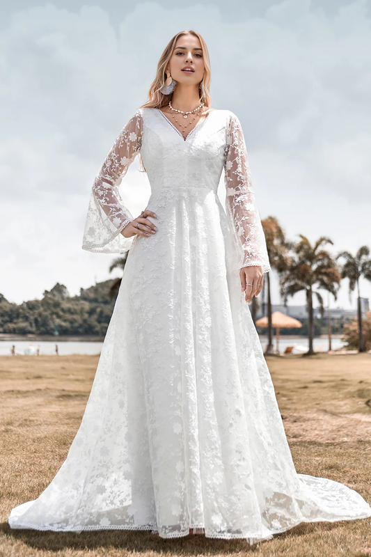Beauty A Line V Neck Ivory Lace Flare Sleeves Wedding Dress Beautiful