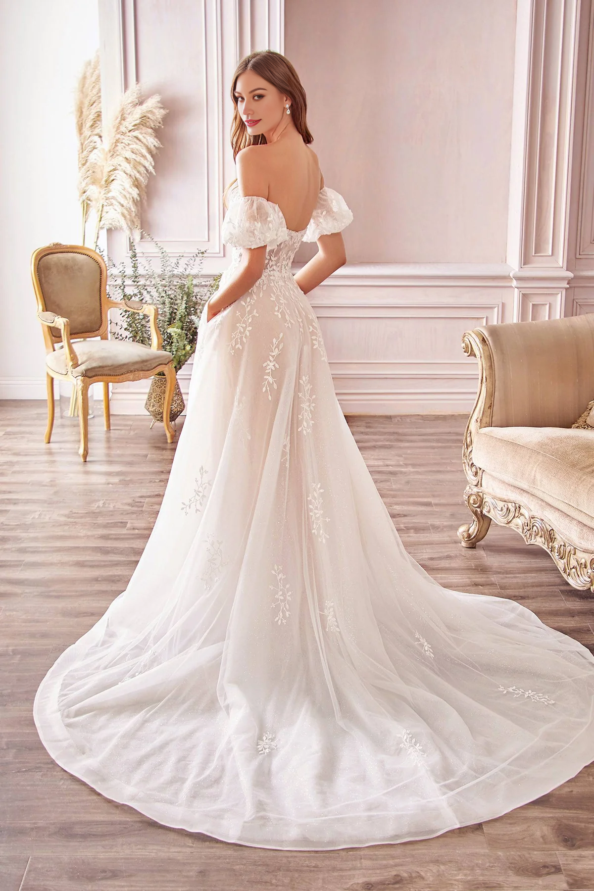 Off Shoulder Floral Lace Wedding Gown with Flowing Train Wedding Dresses