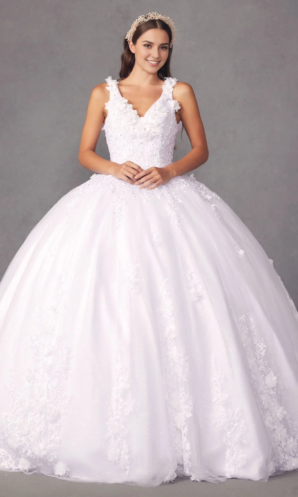 Traditional White Quinceanera Dress V-neck Long With Flowers