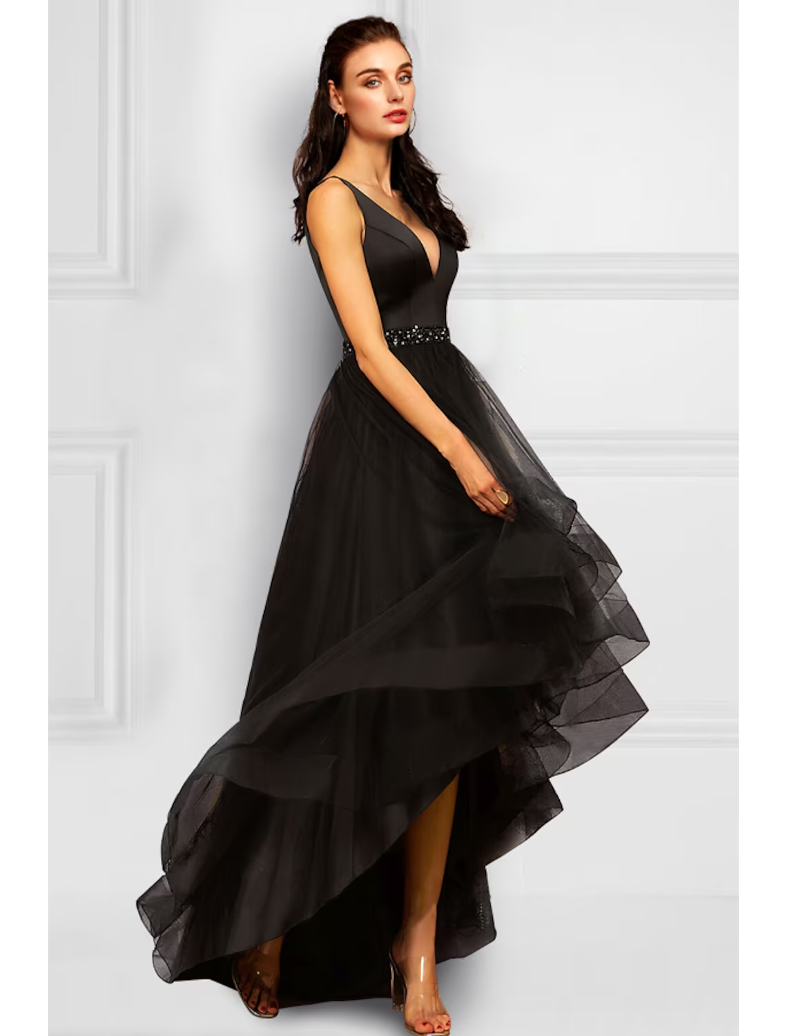 A-Line Cocktail Dresses Elegant Dress Party Wear Asymmetrical Sleeveless V Neck Organza with Rhinestone