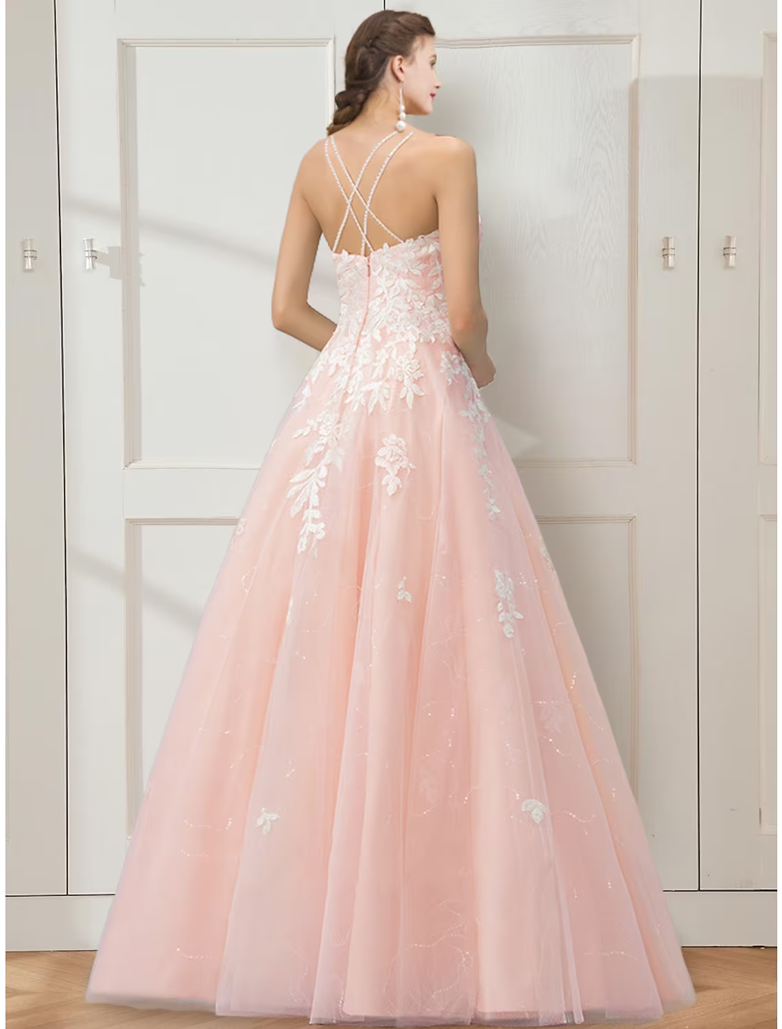 Ball Gown Prom Dresses Floral Dress Masquerade Floor Length Sleeveless Spaghetti Strap Tulle Crisscross Back