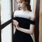 Cute Velvet A-Line Tea Length Prom Dresses Black Party Dresses Off Shoulder