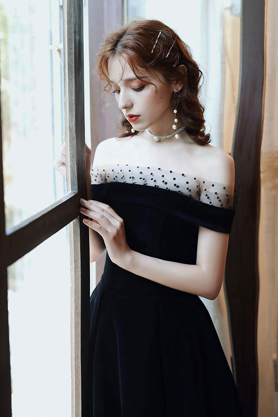 Cute Velvet A-Line Tea Length Prom Dresses Black Party Dresses Off Shoulder
