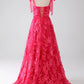 A-Line Spaghetti Straps Fuchsia Long Prom Dress with Slit Off Shoulder